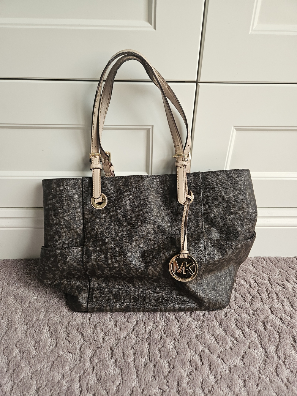 Michael Kors Brown MK Signature Tote Bag with Beige Handles
